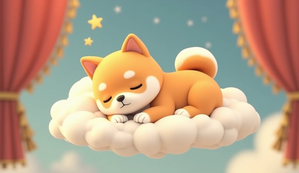  sleeping carafe dog lying on a cloud in front of a stage curtain,  cuteデジタル絵画 , cute digital art, cute detailed digital art, cute 3 d render, isometric 3d fantasy cute dog, kawaii cute dog,  anthropomorphic Shibainu , cute artwork, cute! C4D, cute dog, cu...