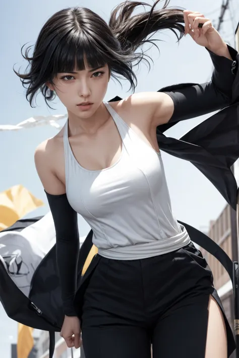 Thick outline, comics,  realistic ,  one girl, Alone,  flat chested, whole body,  dynamic poses ,  black hair, Low double blade, Kuromo , band,   showing shoulders ,  Japanese Street,  Detailed Background ,  detailed face , fine grain, 