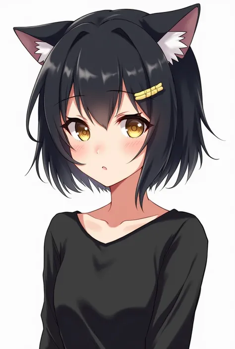 8K quality Anime girl , casual style, short black hair with fishbone hairpin , Left bangs, black dress, fan art drawing style, (with yellow eyes and cat ears)