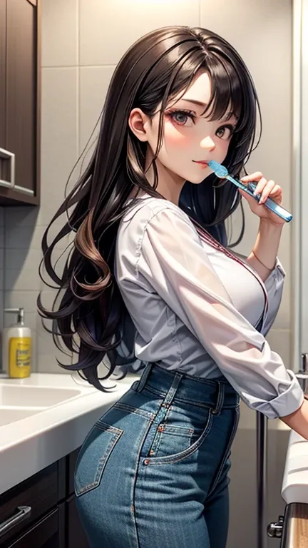 8k⒉5D Japanese animation style, Nordic beautiful girl wearing a pure white big size mens shirt, brown long hair with prominent curly hair, standing on the sink with half-asleep eyes, brushing her teeth with a toothbrush in her right hand and mouth