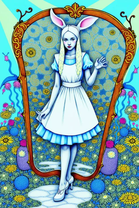  Alice in Wonderland,Hallucinatory Art 、 dmt Death of Ego 、 Psychedelic Horror 、 Highly Detailed Visionary Art 、 DMT Egodes 、 Shamanic Fears 、LSD art,White Rabbit,light blue,city,Poisonous Plants , Poison and Disney Mix ,Full-length mirror,Mirror Labyrinth...