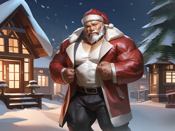 lindong, solo, muscular old man, pants, white tshirt, outer furr jacket, santa hat, standing in village, houses, many houses, snow, winter, Christmas tree, Christmas decoration, huge muscular, night, dark, winter hat, semirealistic:2.3, hi res, 8k, wide le...