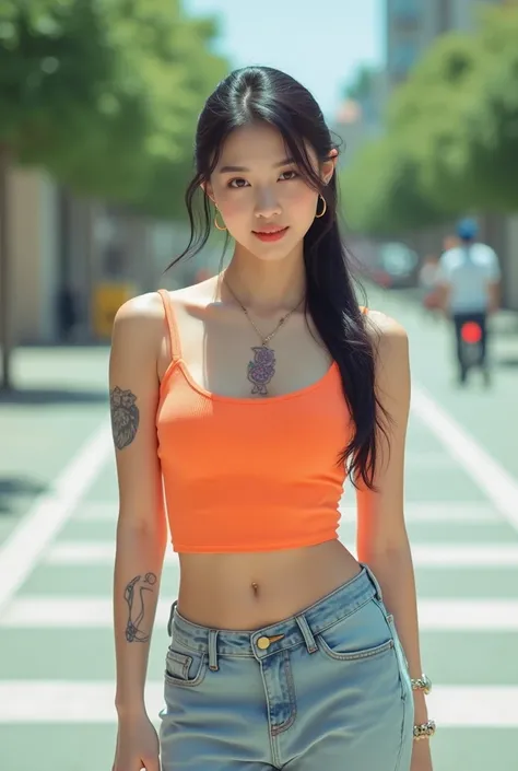 a close up of a woman with a tattoo on her chest!,  a tattoo on her chest!, best photo , 3d, 8k, Asian Araffy woman ,  Asian Girl with Round Toe, Korean female fashion model , Black hair,  Extra long hair 2m ,หน้าอกขนาด 38 นิ้ว, กำลังPlay the guitar, เธออย...