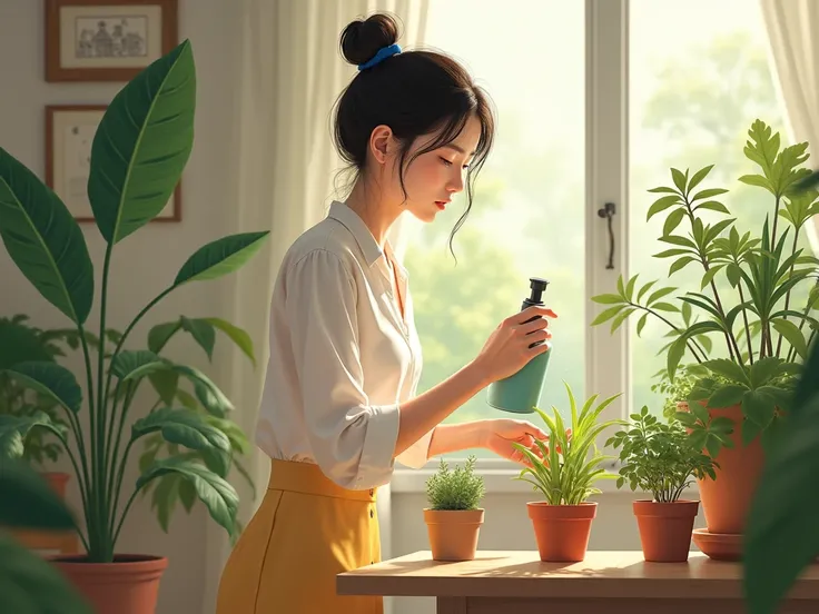 A young Korean woman who has several flower pots in her living room and uses a sprayer to water them while caring for them