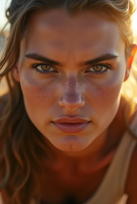 “Close-up of a person’s face, showing determination and strength. Strong expression, eyes focused and confident. Background blurred, warm sunlight.”