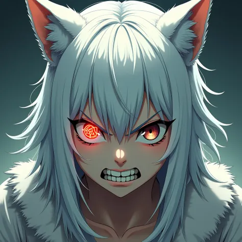  High resolution, Work of art, Accurate,  Rewarded multiple times, Details, Fine details, HD model,  very detailed, UHD, Textured skin, white hair, straight bangs, Two Sides Raised, Oreilles de Loup, Pupils Symbol,  heterochromia , crocs, Gritted Teeth, an...