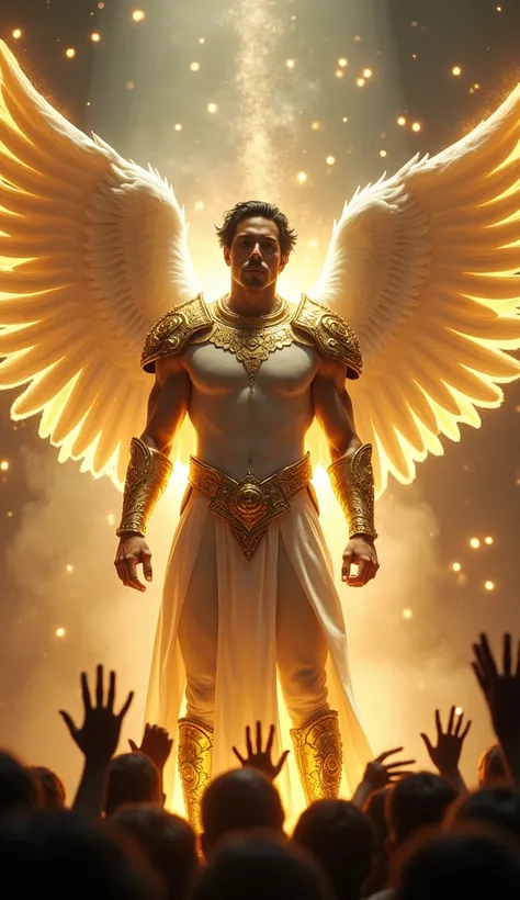 Standing on the "Got Talent"-style lit center stage, the 29-year-old was transformed into a mesmerizing male angelic creature, presented full-length. His physical structure is powerful, with well-defined muscles that emanate divine strength. He wears golde...