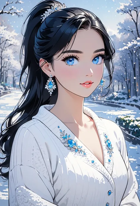 a pretty lady holding a white dress in a cartoon style picture of her, 1girl, solo, jewelry, earrings, long hair, looking at viewer, blue eyes, ponytail, lips, collarbone, black hair, upper body, white sweater, eyelashes, breasts