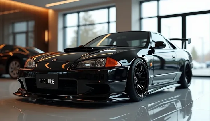 A sleek view of black Honda Prelude In Show room Text PRELUDE On Licence Plate 