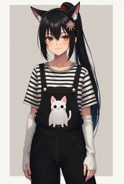  Chica realista ,normal skin, with black hair with a high tail , and has two loose tufts in front of her face,And he wears a black jumpsuit that has a kitten in front of ,  under the jumpsuit he wears a shirt with black and white stripes and has white arm ...