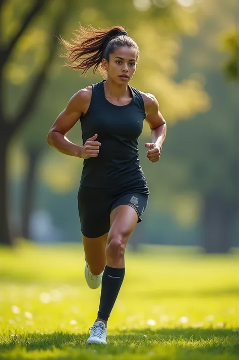 “A person running in a park, wearing athletic gear, showing focus and energy. The background shows movement, indicating action and perseverance. Bright and motivational tone.”