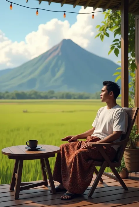 Make real pictures ,  A 25 year old man from Indonesia , sitting relaxing in front of his terrace  , next to it there is a classic wooden table and there is a cup of black coffee  ,  The house is in the countryside in the middle of the plane and behind his...