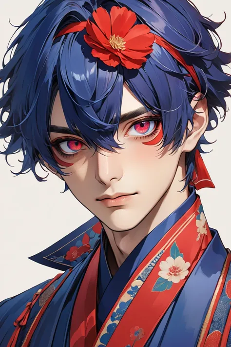  deco bangs,male,Indigo Hair,Right eye is red, odd-eye, high definition , 