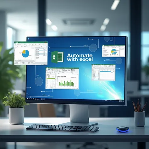 Create an image of a computer screen with Excel windows and text that says “automate with Excel”