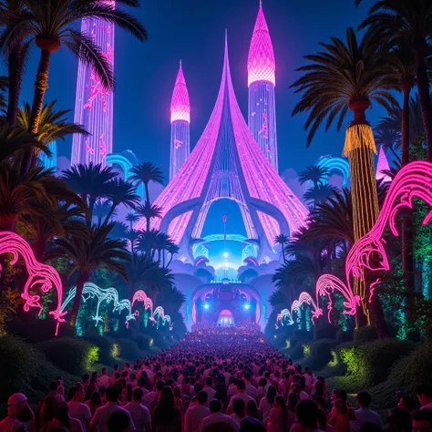 Music festival in a neon jungle with large crowd and neon lights