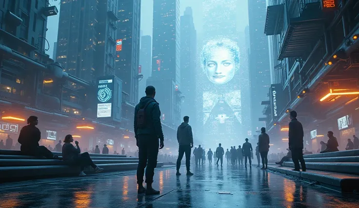 "Futuristic cityscape with advanced technology and digital life forms, showcasing humans and AI blending together in harmony. The scene reflects a utopian world where death has been conquered, and immortality is a reality. The atmosphere is both mysterious...