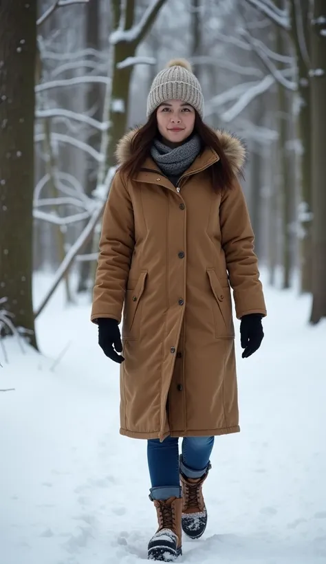 A 38-year-old woman walking through a snowy forest, dressed in a warm winter coat.