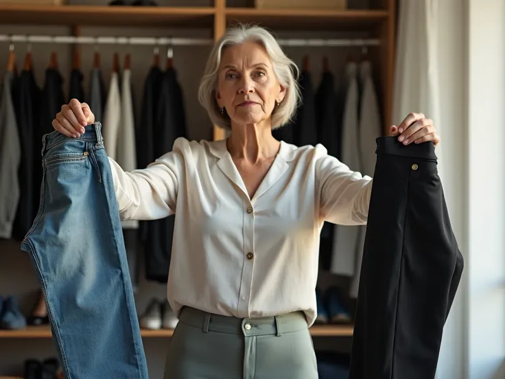 A middle-aged woman (50+ years old) standing in a softly lit room, holding two pairs of pants. On one hand, she holds baggy, faded jeans, and on the other, sleek, tailored trousers. Her thoughtful expression and subtle body language suggest she is deciding...