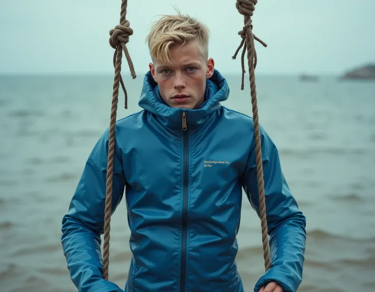  boy,short wet blonde hair,Teenagers uncensored,extremely anorexic,fearful look,Packed airtight in a shiny oversized neck-high blue latex sweatsuit with water inflated and rubber boots, And a man holds the boy,(tied with ropes in a bondage swing),((does a ...