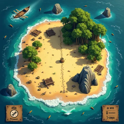 A detailed illustration of a game board depicting a desert island in the middle of a vast and dangerous ocean. The board is divided into distinct areas for exploration and resources: a golden beach with shipwreck wreckage including pieces of wood, ropes, a...