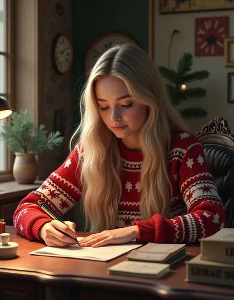 Blonde  sitting at desk, wearing Christmas sweater, writing letter to Santa Claus, 4K realistic, skin detailled, vintage picture