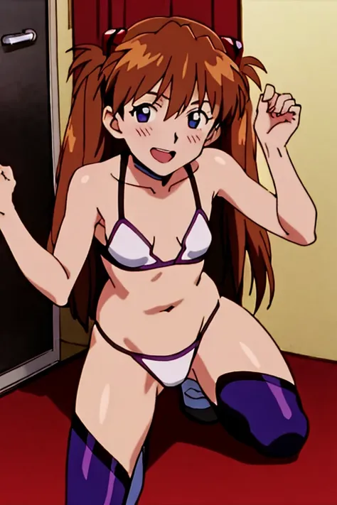 (( top quality)), ((masterpiece)), (be familiar with),  perfect face, indoor, bedroom,  watching viewers,
One woman,  Soryu Asuka Langley,
 open mouth,  with an ecstatic expression , blush, smile,
 small tits,  flat chested, Young girl, Lori,  s,  girl,
 l...