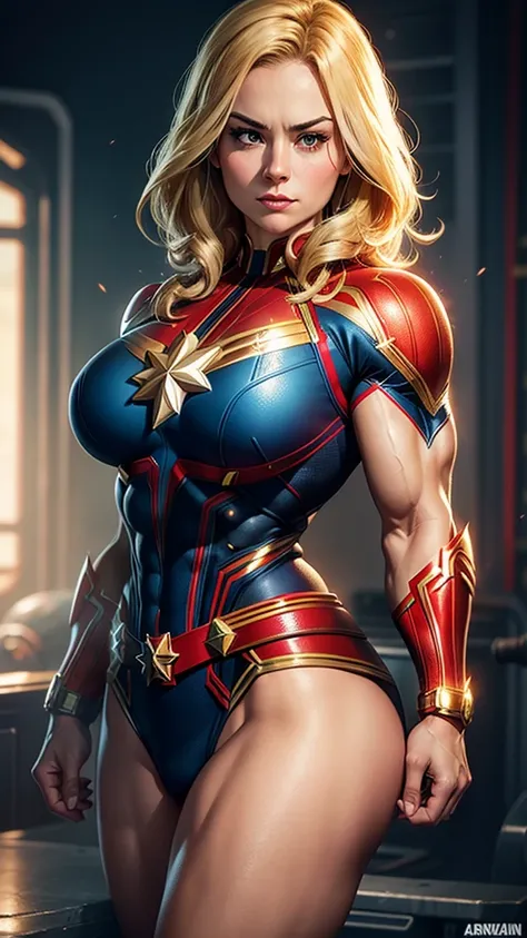 Busty muscular Captain Marvel, massive bodybuilder muscles, massive breasts, captain marvel costume , hard abs, massive  bicesp