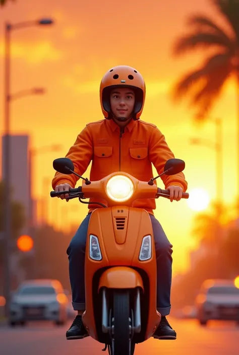 Orange color delivery boy with orange motorcycle orange color helmet sunset time

