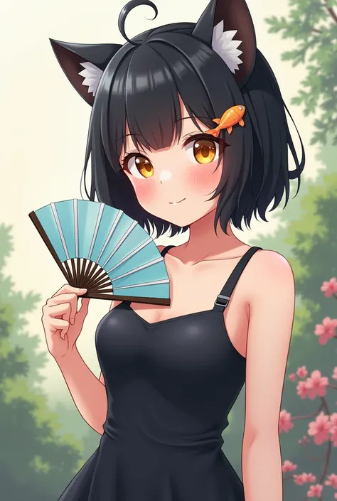 8K quality Anime girl , casual style, short black hair with fish hair clip , Left bangs, black dress, fan art drawing style, (with yellow eyes and cat ears)