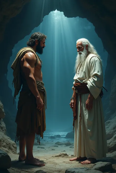 "The rugged shepherd named चरवाहा, 30 years old with tanned skin and a muscular build, looking panicked and questioning as he stands, looking at the wise old sage named ऋषि, 60 years old with a long beard and a calm, wise expression, inside a cave with eer...