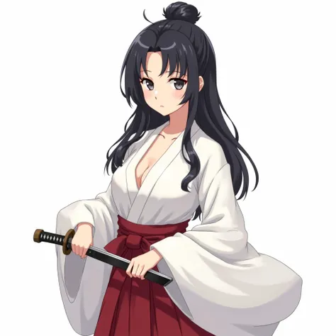 сthe girl has black hair , tied in a bun with strands released , not very long Dressed in a white top with long loose sleeves, revealing the abdomen and shoulders, you can see a bust . White background with no additional objects . The belt is tied to a red...