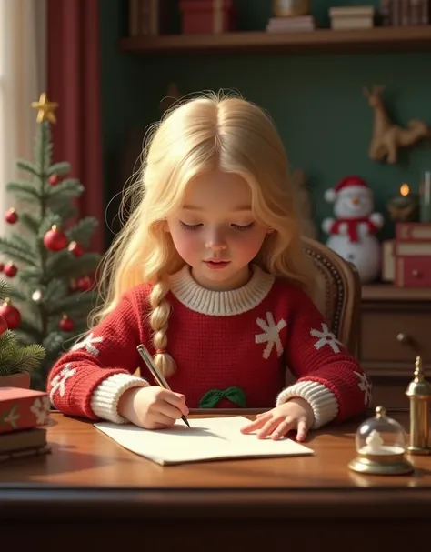 baby girl, Blonde  sitting at desk, wearing Christmas sweater, writing letter to Santa Claus, 4K realistic, skin detailled, vintage picture