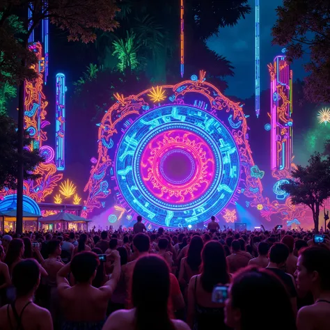 Music festival in a neon jungle with large crowd and neon lights