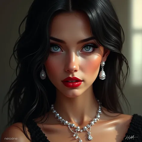   The image shows a close up of an attractive digital woman with long dark hair,  piercing blue eyes and red lips .  She is wearing a thin necklace and shiny earrings .  The image has a blurry background and the phrase  "LADY FROM THE MAFIA"  is superimpos...