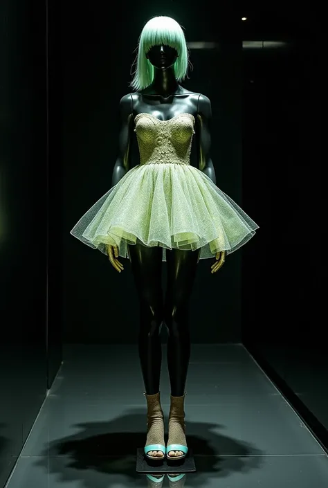  On the black glass floor and black background .  black mannequin . Make a white dress. Make a short dress with a volume of shimmering and shimmering liquid glitter. linda pose.  Beige thin socks and light blue sandal .  Make a water green liquid rubber wi...