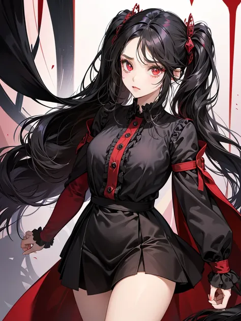 girl, with red eyes, black long wavy hair. she so arrogant, pretty. sadistic eyes. have. big eyes. she so pretty and beautiful. tied in two ponytails. she little. short, cute