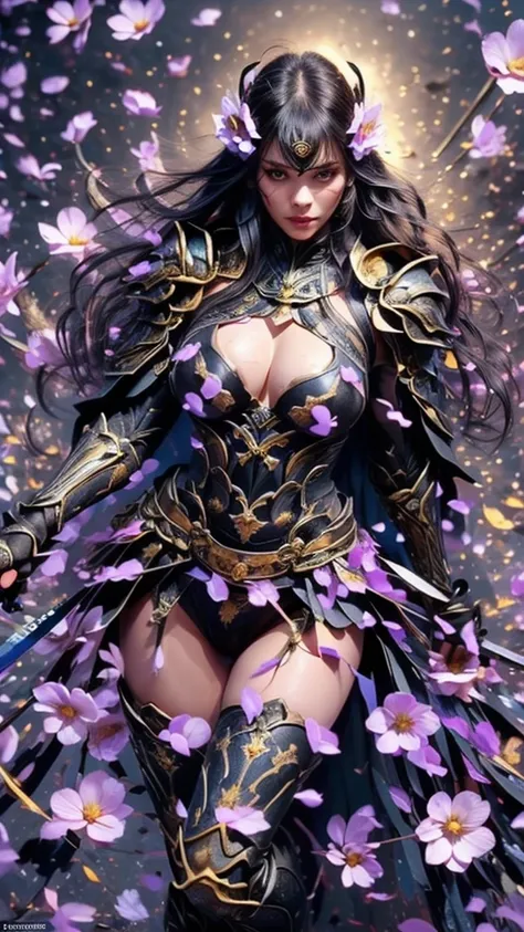 {best quality}, {very aesthetic}, {ultra-detailed}, nsfw, ((from above))、((acrobatic pose))、 sexy female character wearing black armor as a warrior from the Sengoku period 、((realistic))、((long, flowing hair))、((dark brown hair ))、((toned body))、(glistenin...