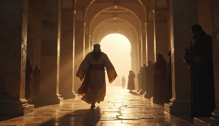 The scene shows King Darius running hurriedly down a stone corridor, with an expression of anguish and despair, while calling for Daniel. He is dressed in royal clothing, and his posture conveys urgency and concern. The surroundings are dark and imposing, ...