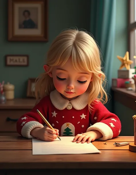 baby girl, Blonde  sitting at desk, wearing Christmas sweater, writing letter to Santa Claus, 4K realistic, skin detailled, vintage picture, hyper realistic