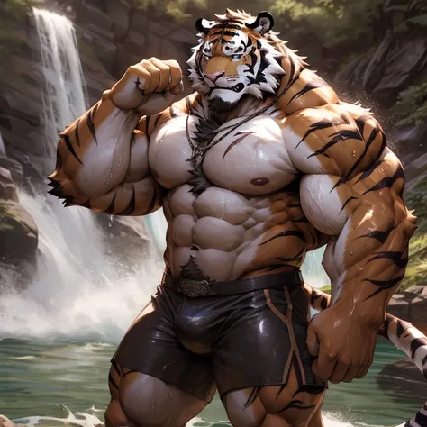 (masterpiece:1.1),(best quality:1),(4k resolution:1),ultra detailed1,(ultra high res:1),(realistic:1),(cowboy shot),(furry:1.3),(Tiger Man:1.1),(tiger stripes:1.2),(male focus),Alone,outdoors,only,(black male shorts:1.2),(Thick body hair:1.4),( waterfall :...