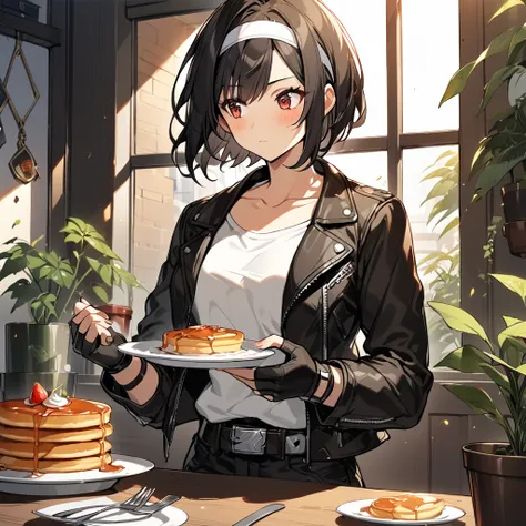 1girl, solo, blush, short hair, bangs, shirt, black hair, red eyes, gloves, long sleeves, closed mouth, collarbone, jacket, white shirt, food, open clothes, day, black gloves, belt, pants, indoors, fingerless gloves, open jacket, black jacket, window, head...