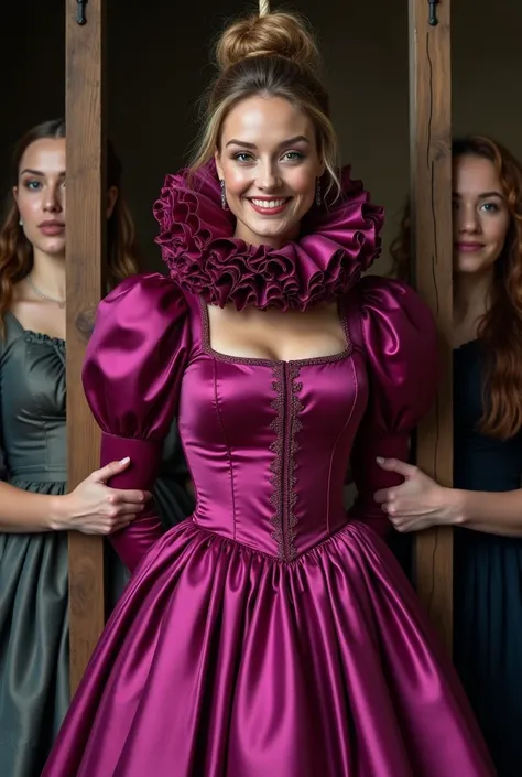 (realistic photograph close up sideways), (a pleased beautiful Caucasian lady with (messy hair bun), she is wearing (a historical elaborate shiny fuchsia silk high neckline gown with (long gigantic puffed sleeves), (and with an ultra high tight stand-up co...