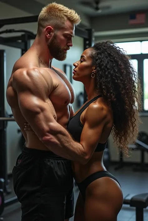 Tall muscular blond man with short military cut and short beard and curly-haired mulatto woman with long curly hair muscular and short at the weight gym