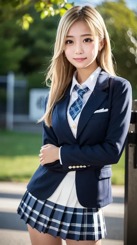 ((masterpiece,  top quality,  high definition ,  Ultra High Definition)),  Japanese High School Girl ,( realistic :1.4)、 smiles、Embarrassed、 Amazing Face 、Pointed Mouth、 close your mouth、Glossy Lips 、 long hair on background,(Beautiful blonde:1.5)、 high sc...