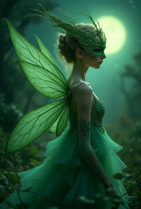 Create a fairy image in green tones representing a night mask