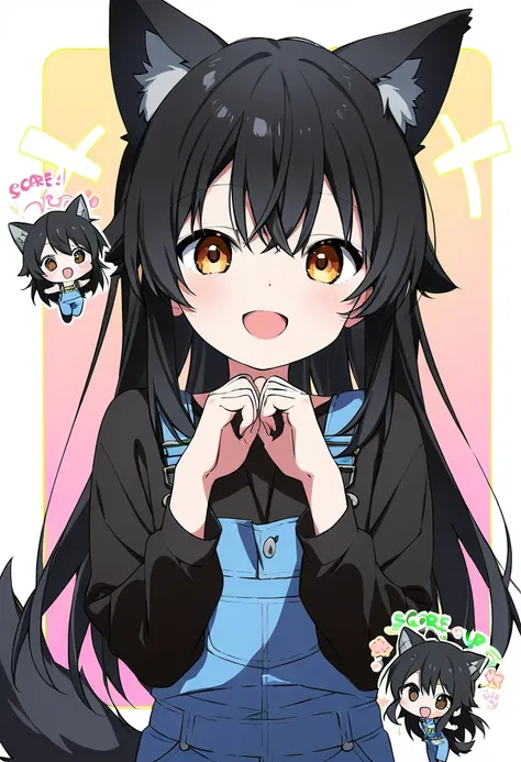 Line style 、chibi、Wolf ears wolf tail、 black hair、 long hair、anime、 cute pose 、Open mouth smiling、 gaming hold your smartphone with both hands、 bright 、Pop atmosphere、 overall cute 、