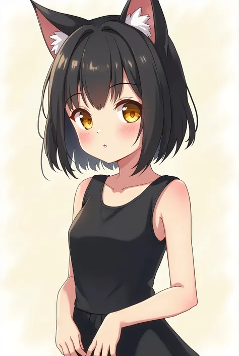 8K quality Anime girl , casual style, short black hair, Left bangs, black dress, fan art drawing style, (with yellow eyes and cat ears)