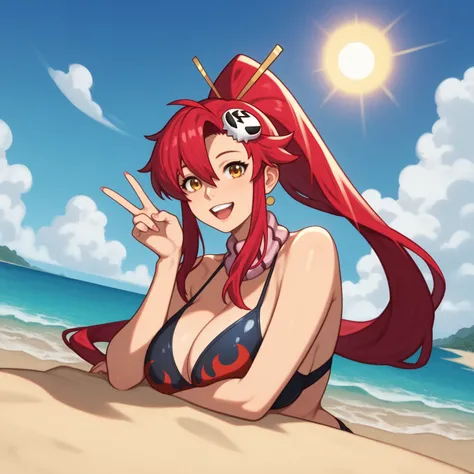 score_9, score_8_up, score_7_up, score_6_up, score_5_up, score_4_up, BREAK source_anime,1girl, clothed, yoko littner, v, in beach, sunny , sea, sand, sun, by nilsunna, looking at viewer, happy, dutch angle, curvy, huge breasts, sligtly tannef