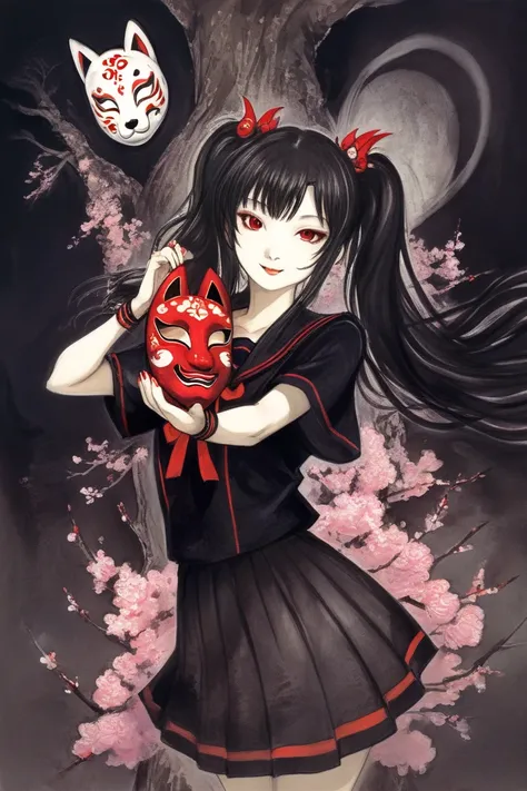 by Yoshitaka Amano, (Broad lighting),  low key lighting , Picturesque, dark(  fantasy art , (Yoshitaka Amano)), (Full-length portrait of a woman, moak,  black twin tail hair, smile,  red eyeshadow), shrine, ( school uniform , Red accents), Cherry blossom f...