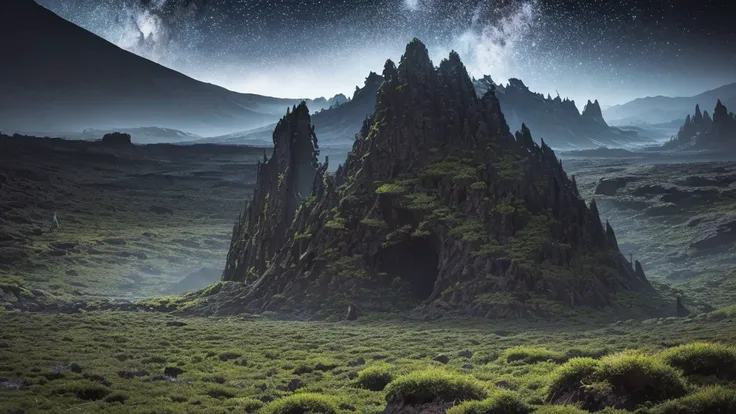 cosmic horror scene on an uninhabited planet unlike anything ever seen, vast vegetation and complex that resembles tentacles, rocks everywhere (large and small), dark gray sky, heavy clouds, mountains in the distance.